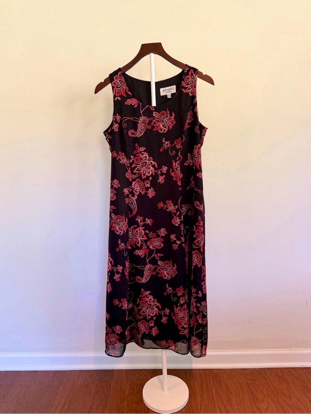 Studio I Petite Vintage Whimsigoth Midi Dress Black Pink Floral Paisley 90s